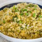 bowl of cauliflower risotto with leeks
