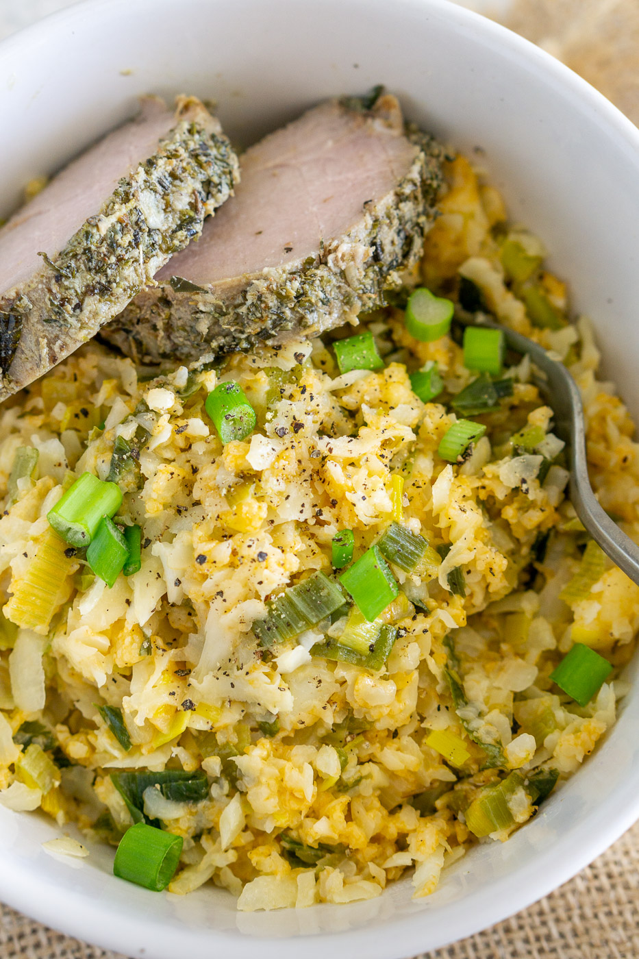 cauliflower risotto with caramelized leeks and pork loin