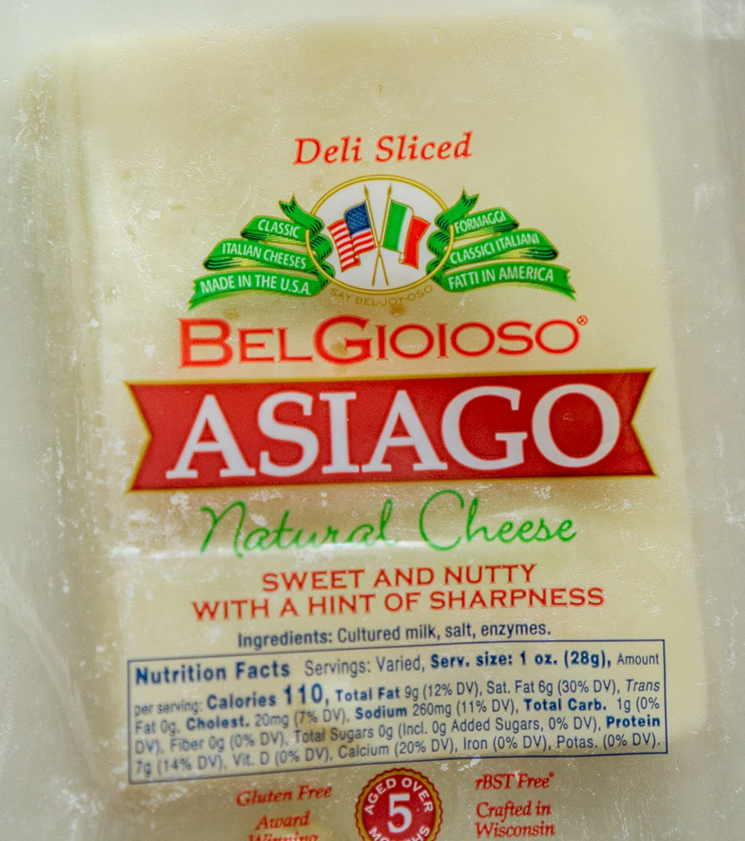 Package of sliced Asiago cheese.