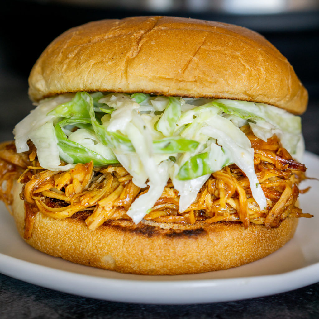 bbq pulled chicken sandwich with coleslaw