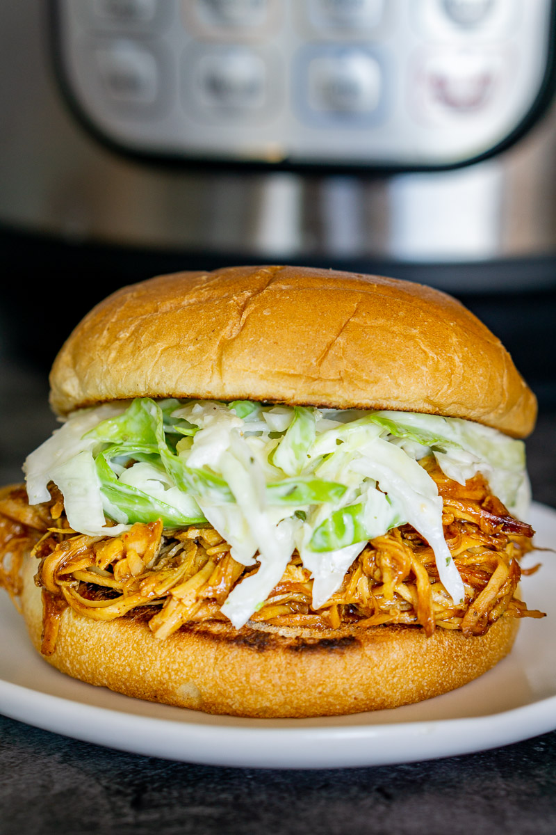 BBQ shredded chicken sandwich with an Instant Pot in the background