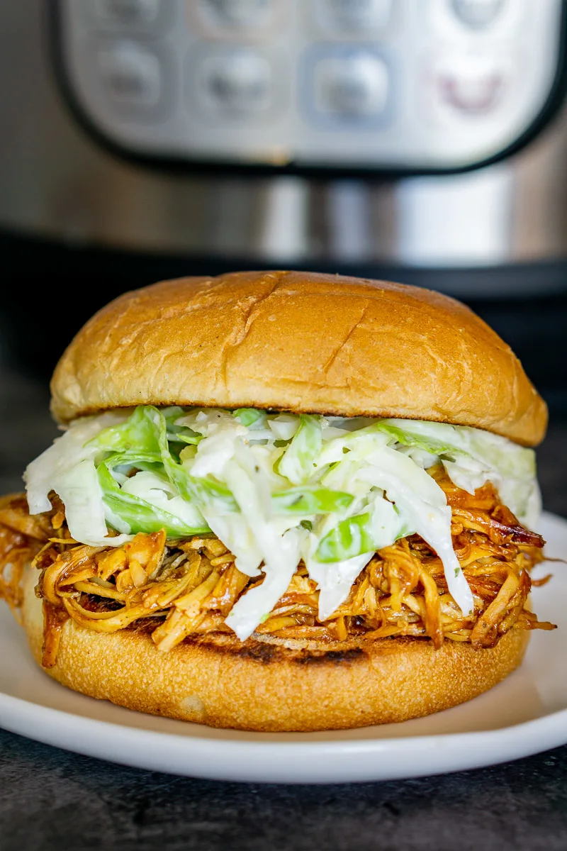 BBQ shredded chicken sandwich with an Instant Pot in the background
