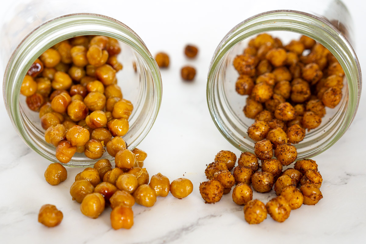 bbq and honey roasted chickpeas spilling out of storage jars