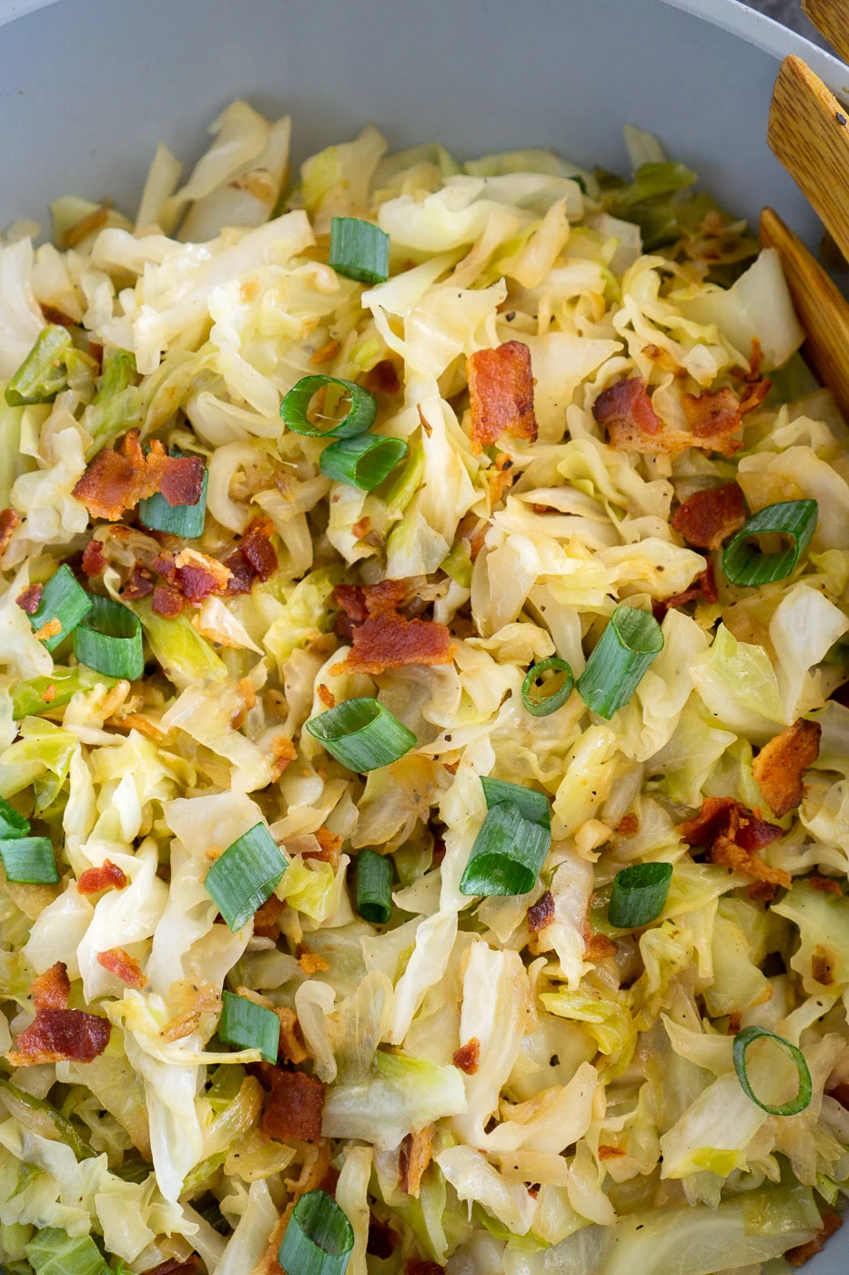 sauteed cabbage and bacon on a skillet - close up image