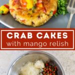 crab cakes with mango relish pinterest graphic