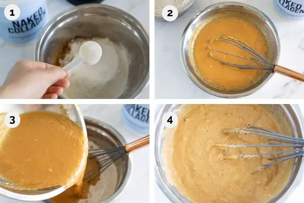 collage of step by step how to cook pumpkin pancakes
