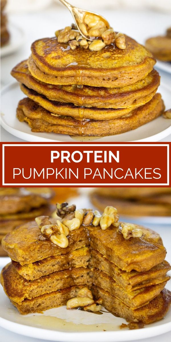 pinterest graphic: collage of protein pumpkin pancakes