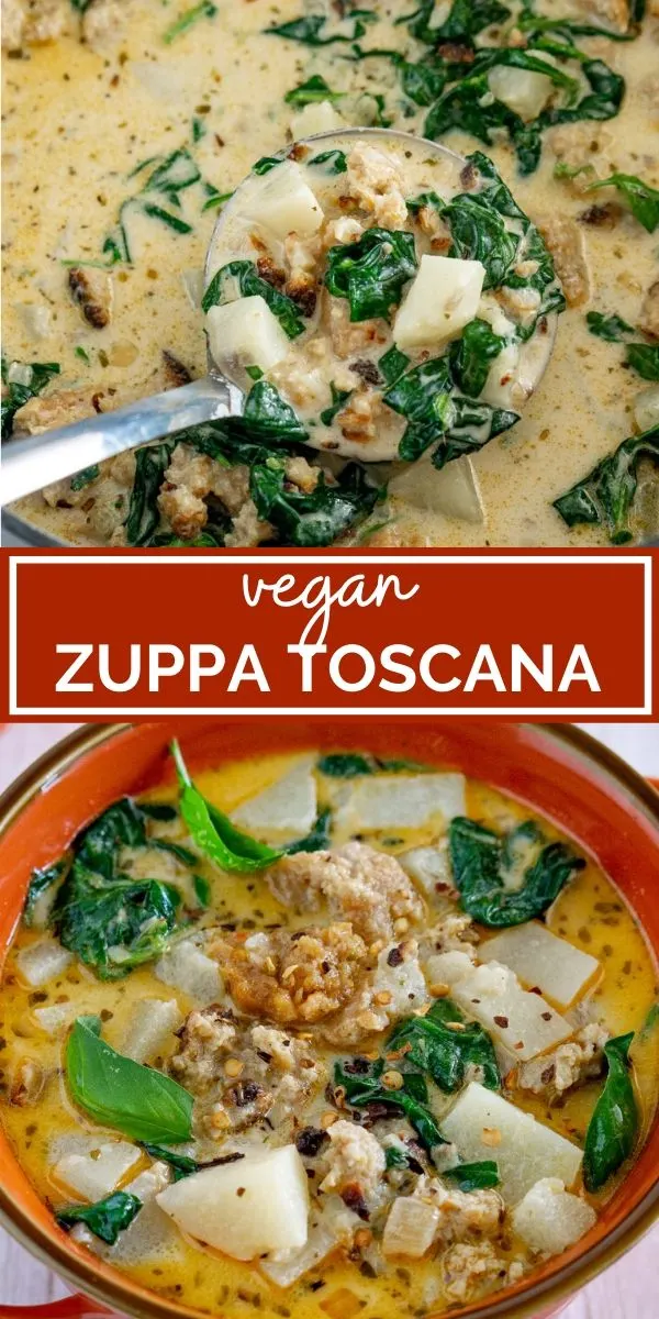 vegan sausage zuppa toscana pin graphic