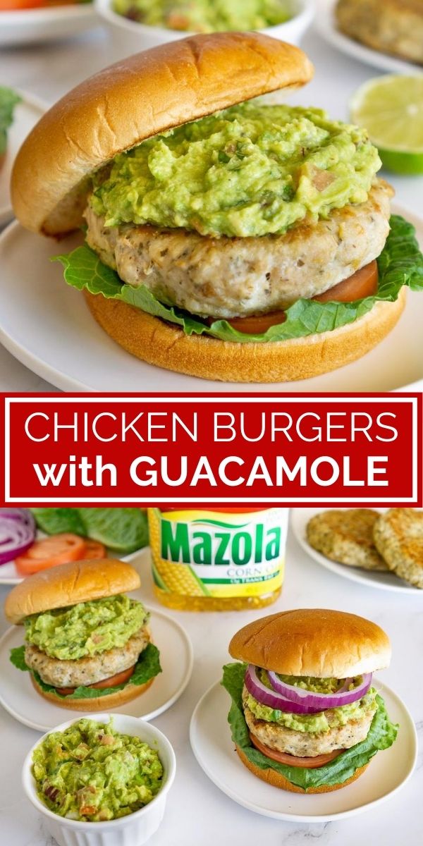 pinterest graphic / collage of chicken burgers with guacamole