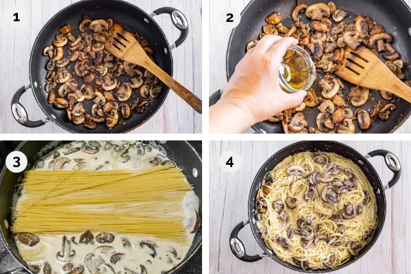 step by step collage of photos for how to make one pot pasta with mushrooms