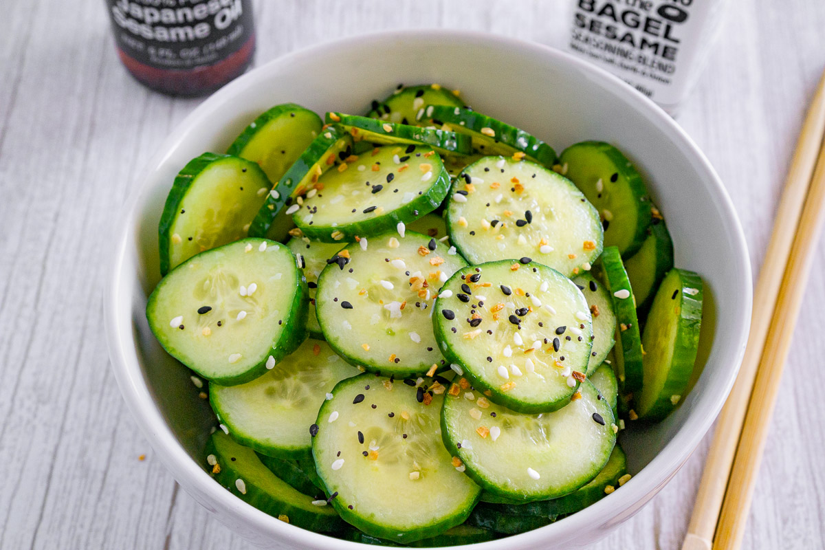 English cucumber salad with everything bagel seasoning in a bowl