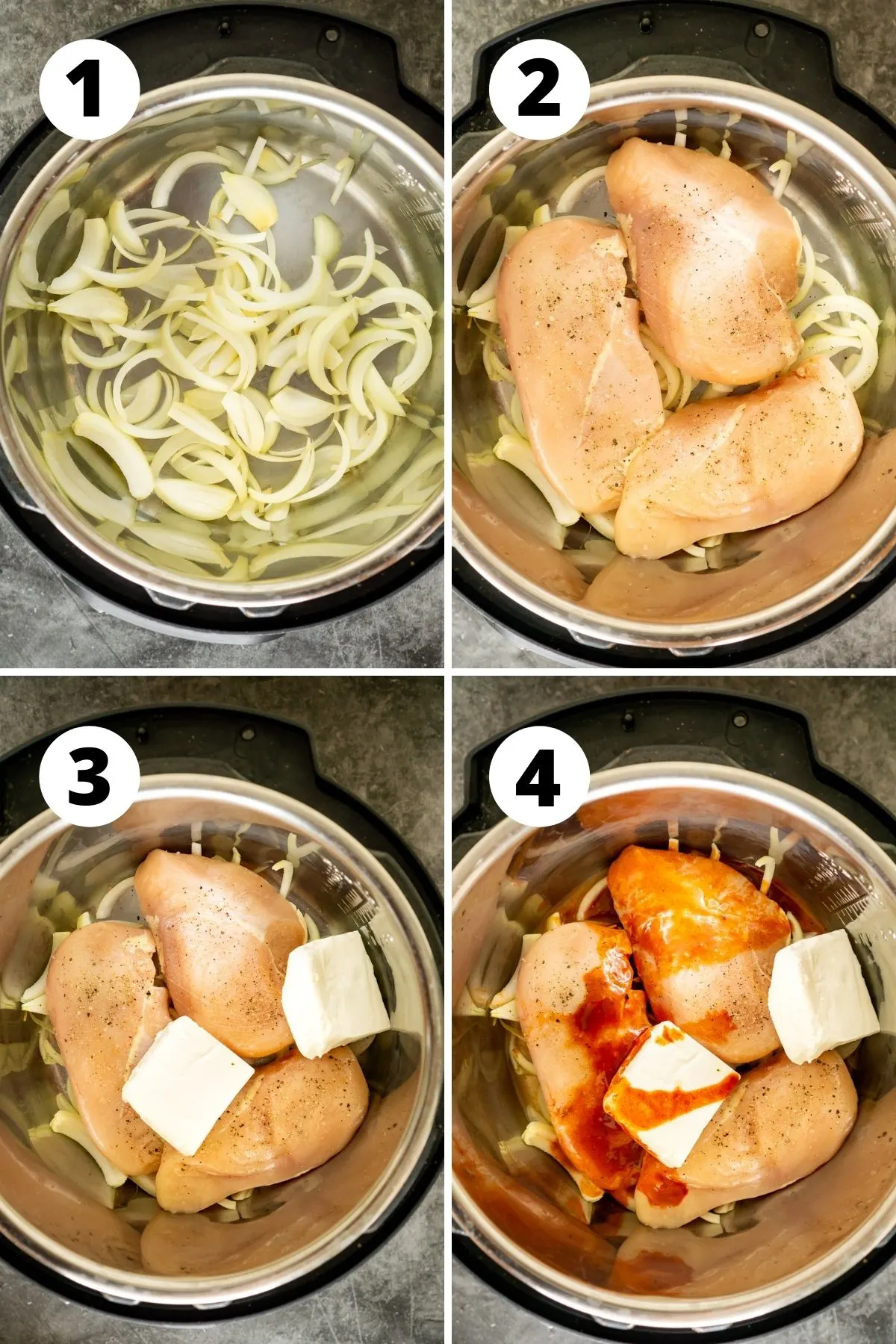 collage of photos for how to make instant pot Buffalo chicken
