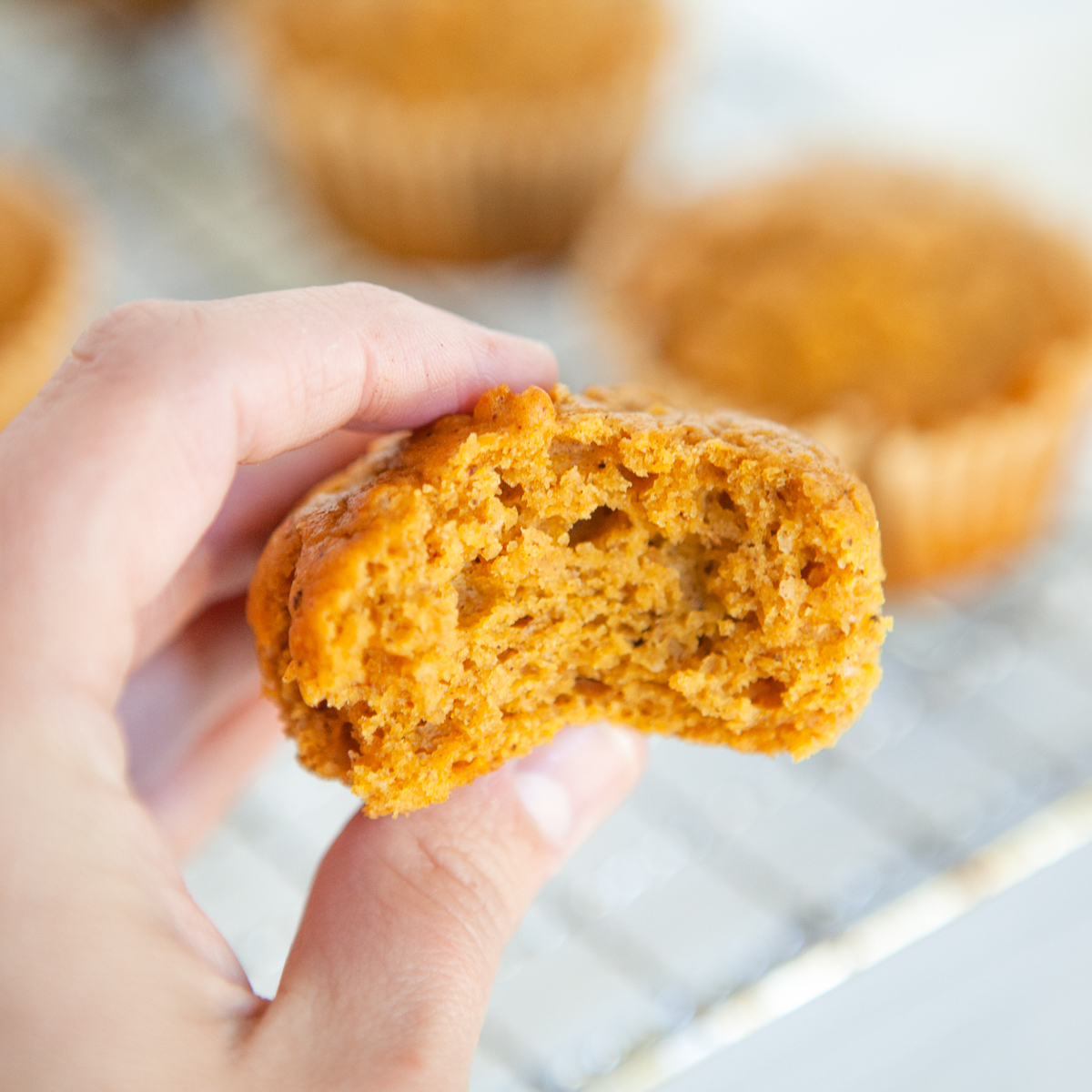 showing the texture of the inside of a pumpkin spice muffin made from 2 ingredients