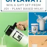 collage of photos for a giveaway of plant based milk and pitcher