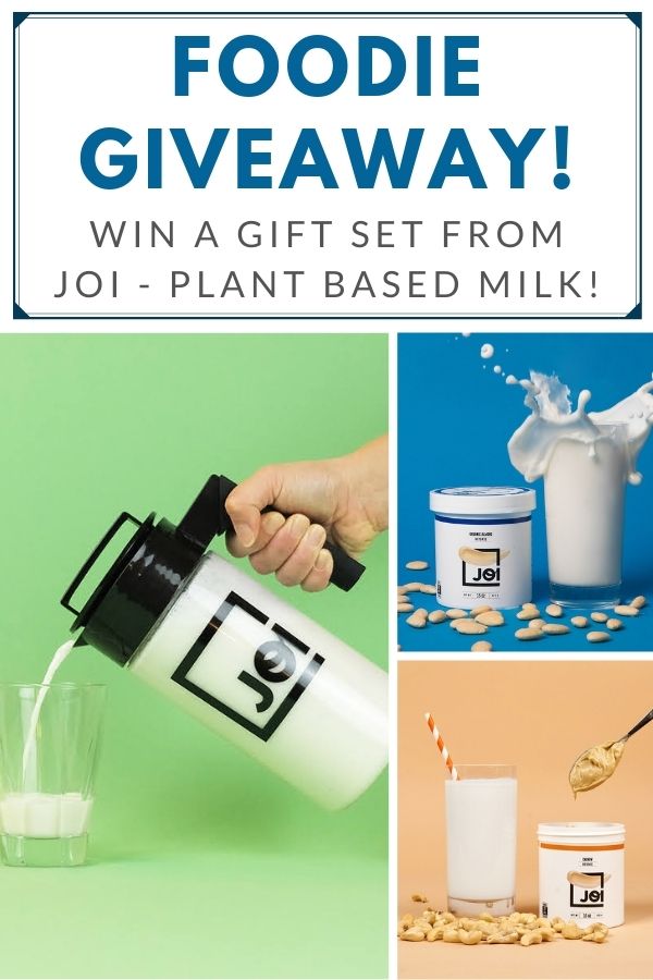 collage of photos for a giveaway of plant based milk and pitcher