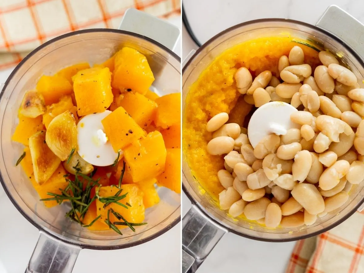 collage of roasted butternut squash in a food processor and butternut squash puree with white beans in a food processor
