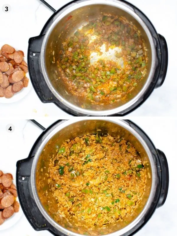 collage of photos for how to make instant pot jambalaya - adding seasonings and rice to the instant pot