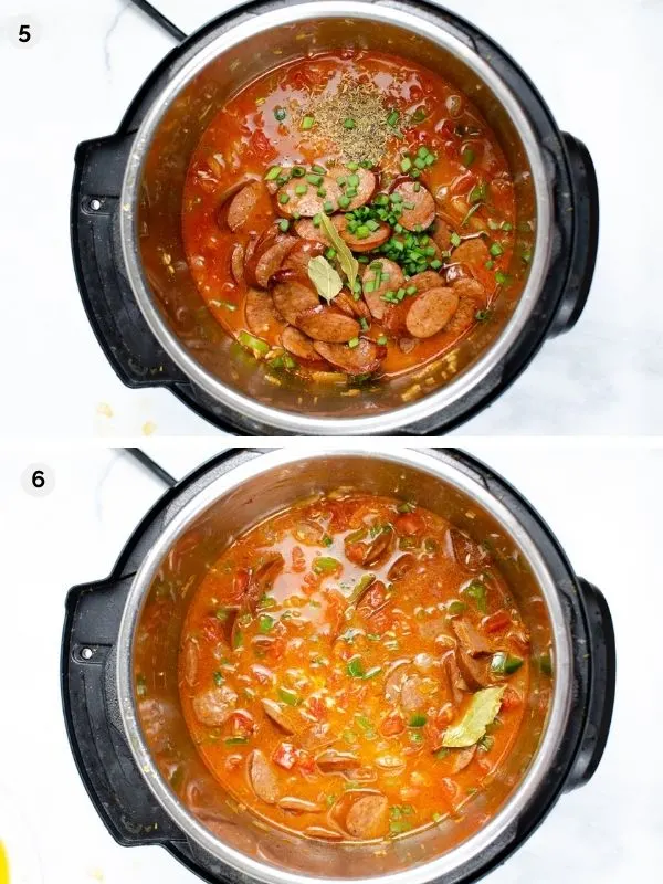 collage of photos for how to make instant pot jambalaya - adding broth and sausage and stirring before cooking
