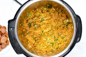 Cajun rice with sauteed bell pepper, onion, garlic, and cajun seasoning in an Instant Pot