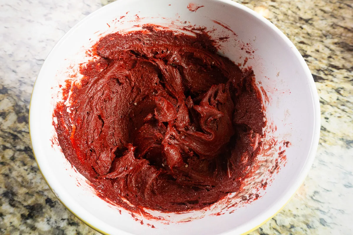 red velvet cookie down in a bowl