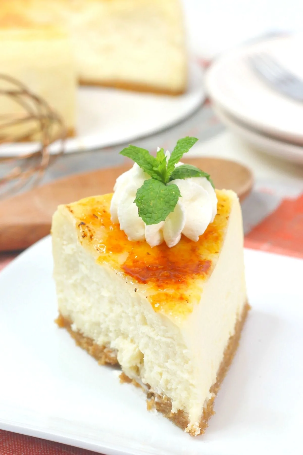slice of instant pot creme brulee cheesecake