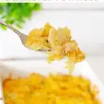 pinnable image of scalloped potatoes on a fork