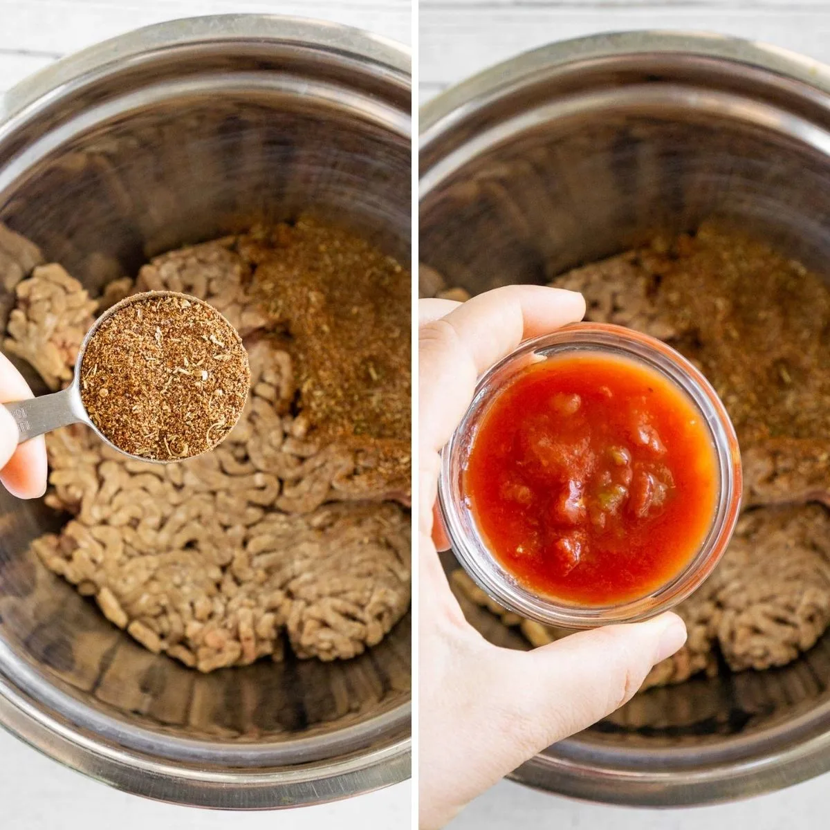 collage of 2 photos of how to make taco burgers with salsa