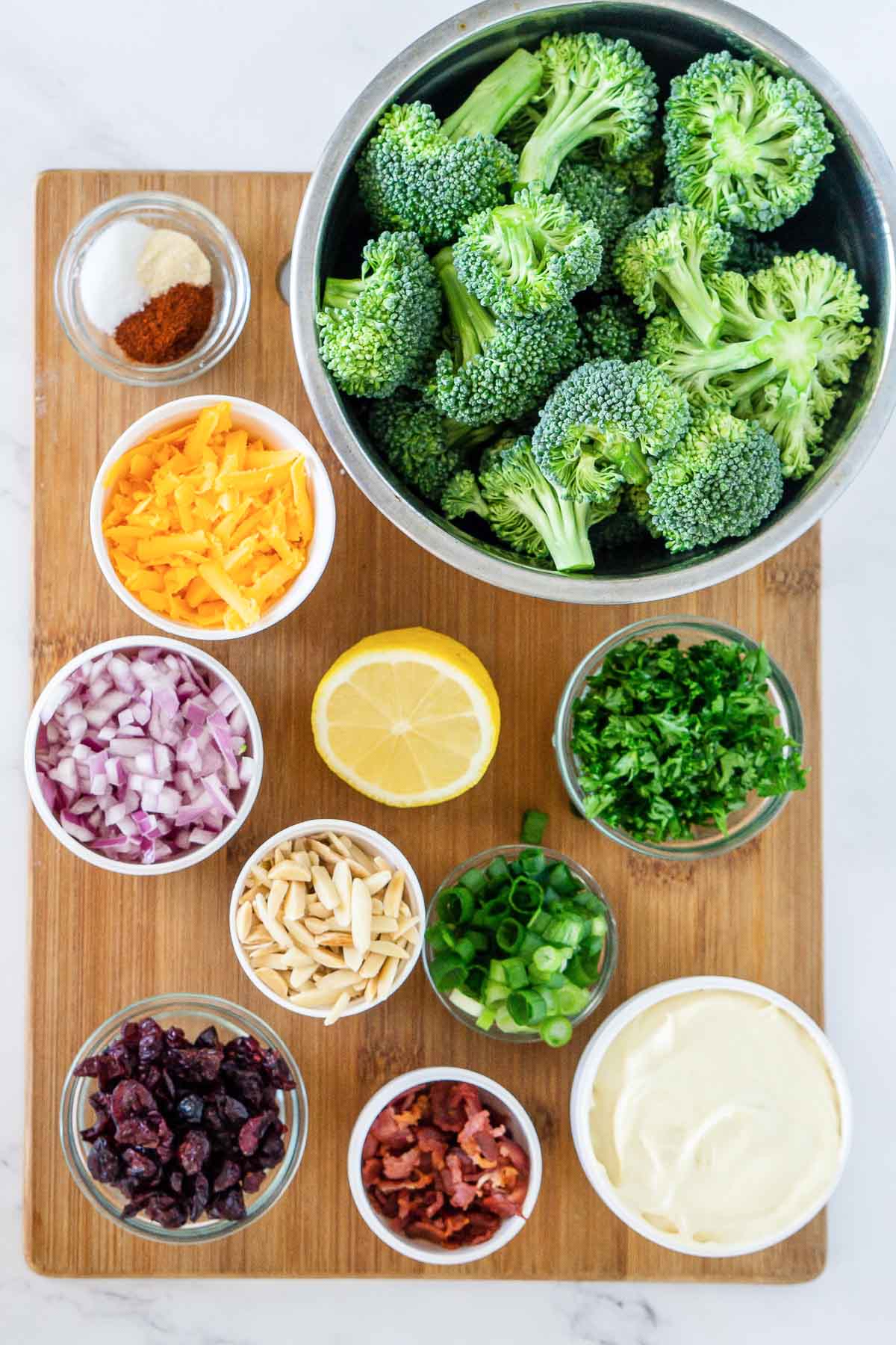Ingredients to make broccoli salad.