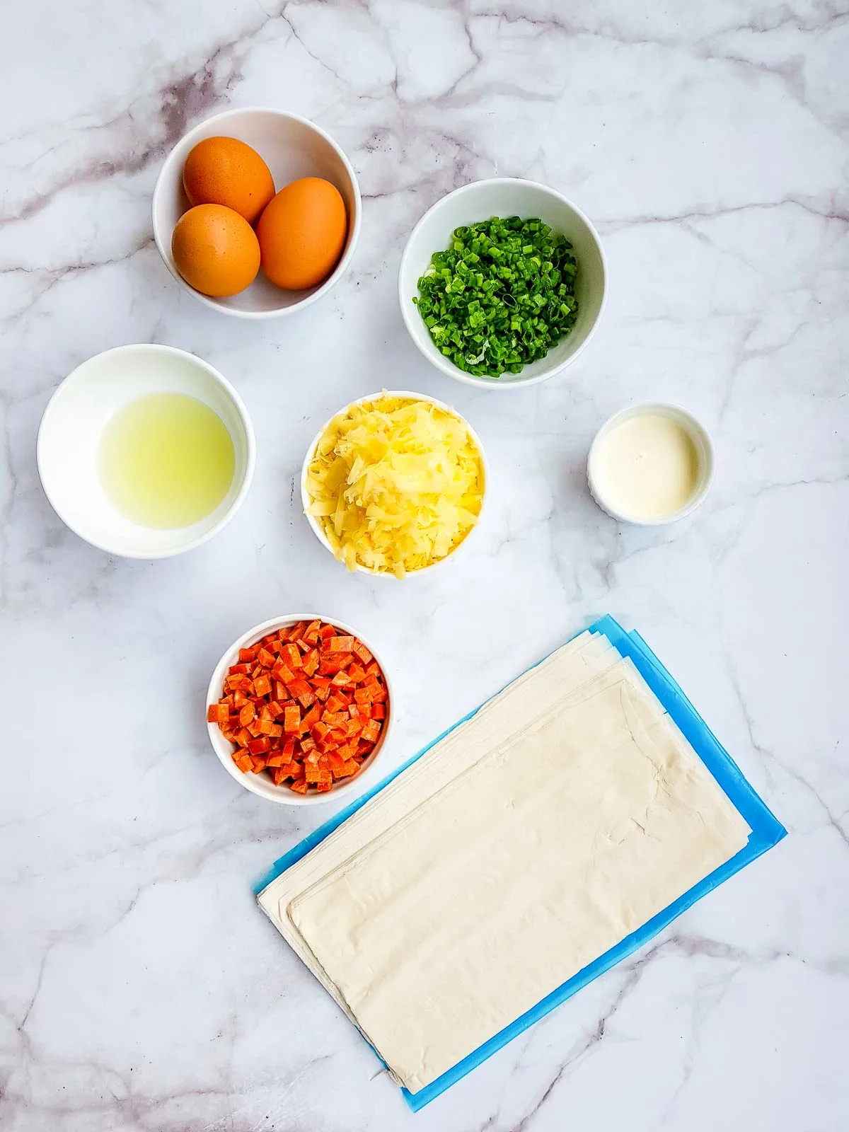 Ingredients to make mini quiches with phyllo dough crust.