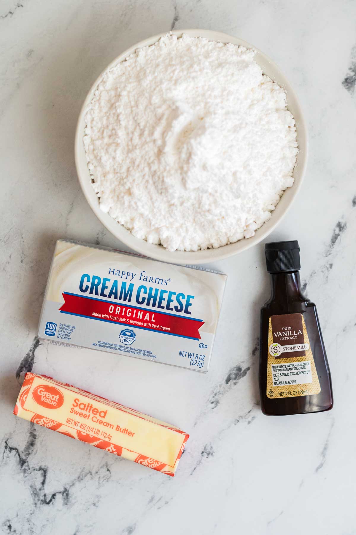 Ingredients to make cream cheese icing.