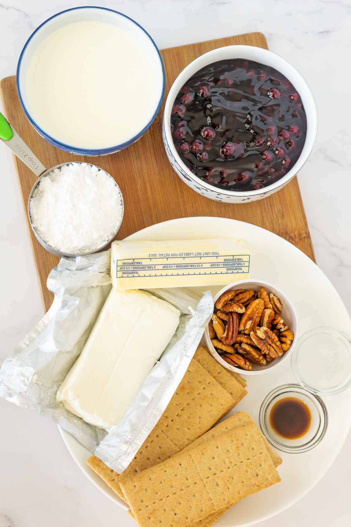 Ingredients to make a no-bake blueberry delight dessert.