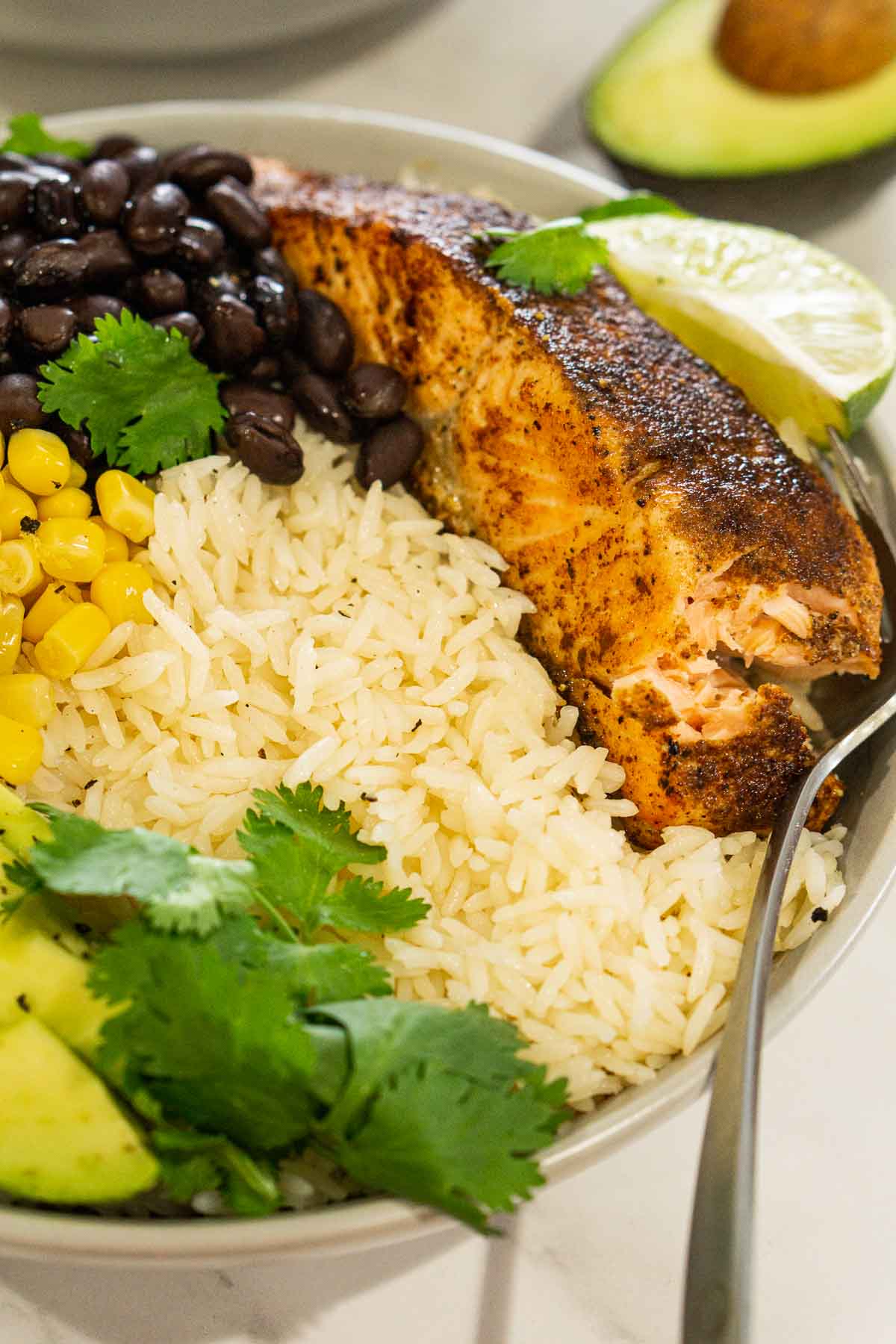 Close up of a blackened salmon rice bowl.