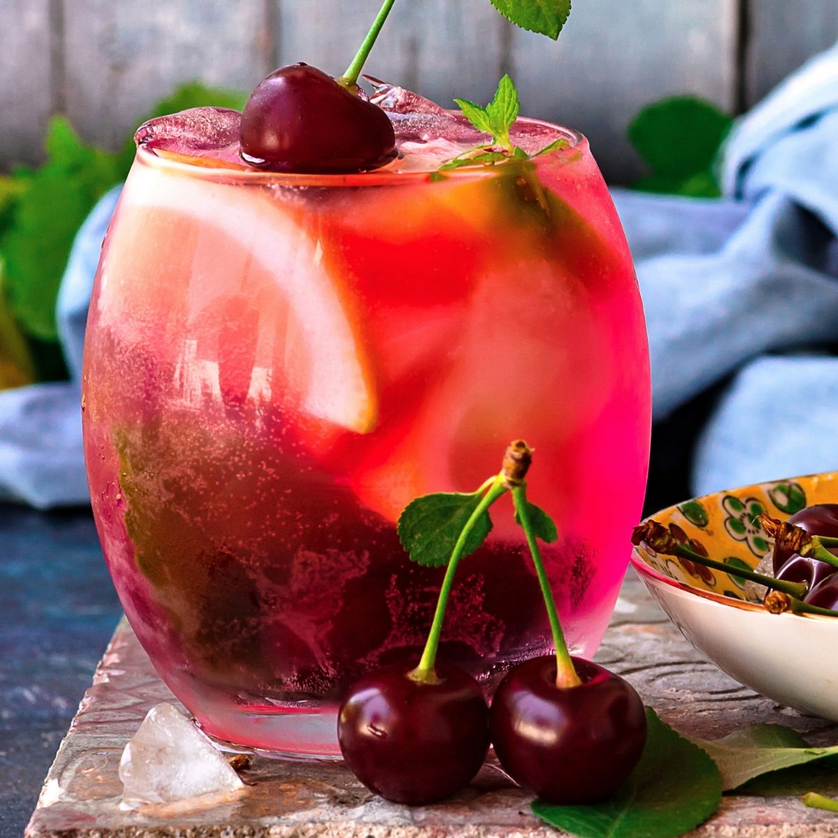 Cherry lemonade in a glass with cherry garnish.