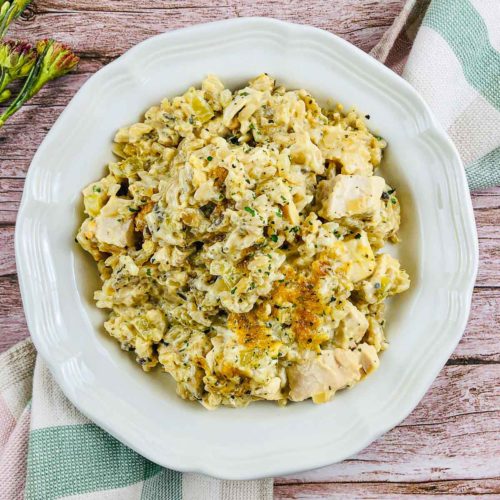 Chicken and wild rice casserole on a plate.