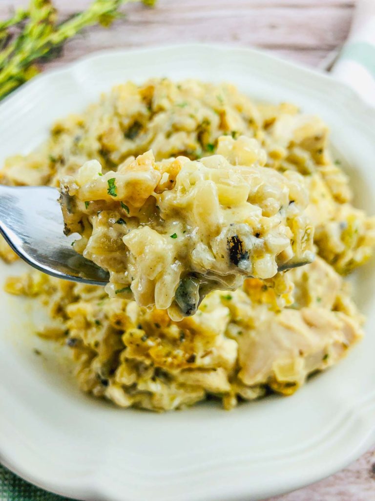 Creamy chicken and wild rice on a fork.
