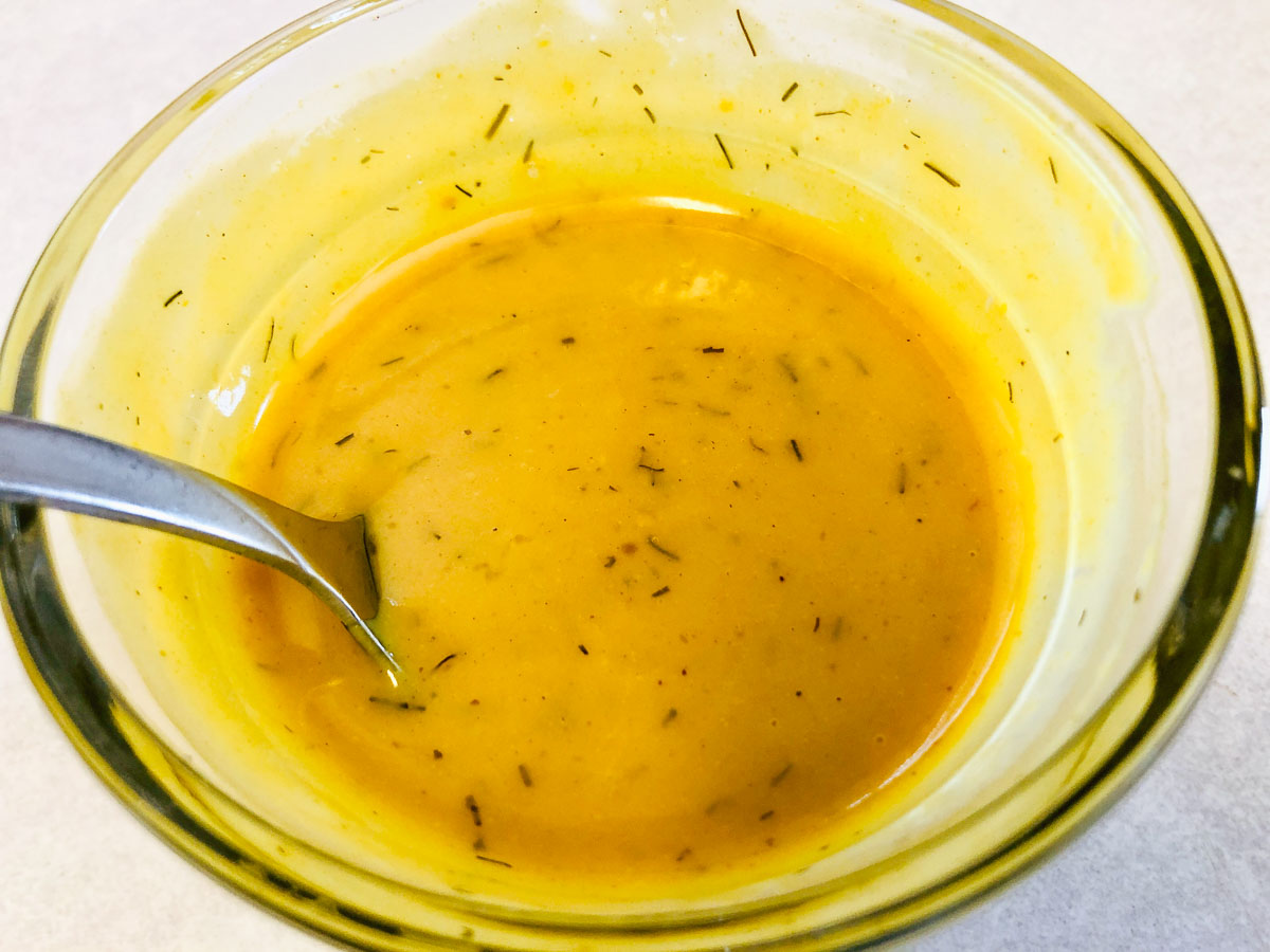 Honey mustard sauce in a bowl.