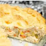 Pinnable image with text: Turkey pot pie, use up leftover turkey.