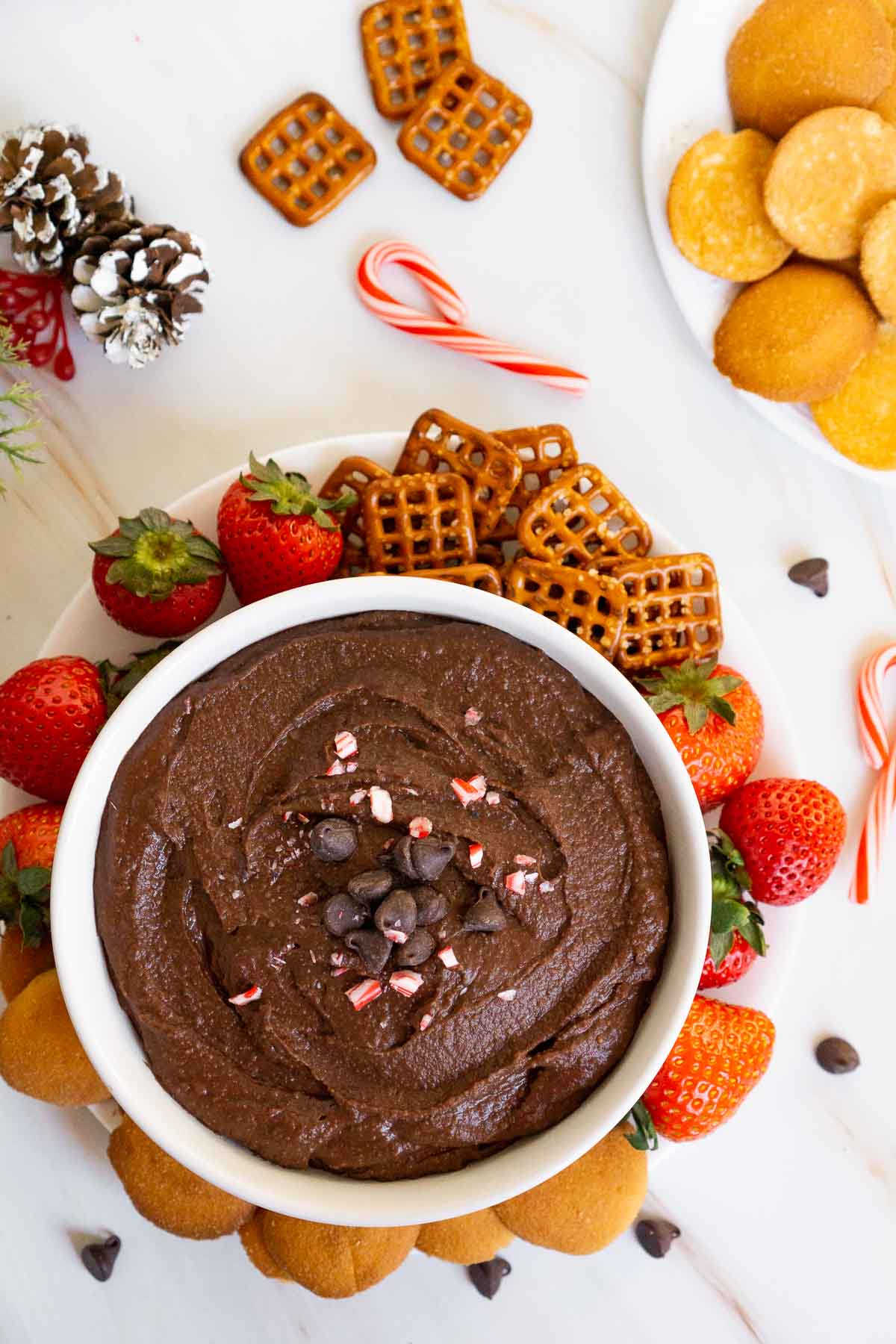 Bowl of mint chocolate hummus garnished with crushed candy canes.