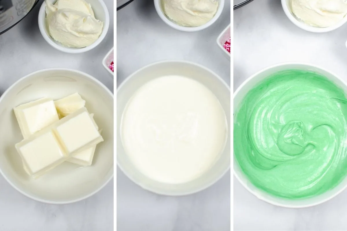 Collage of 3 pictures for how to make Grinch green melted chocolate.