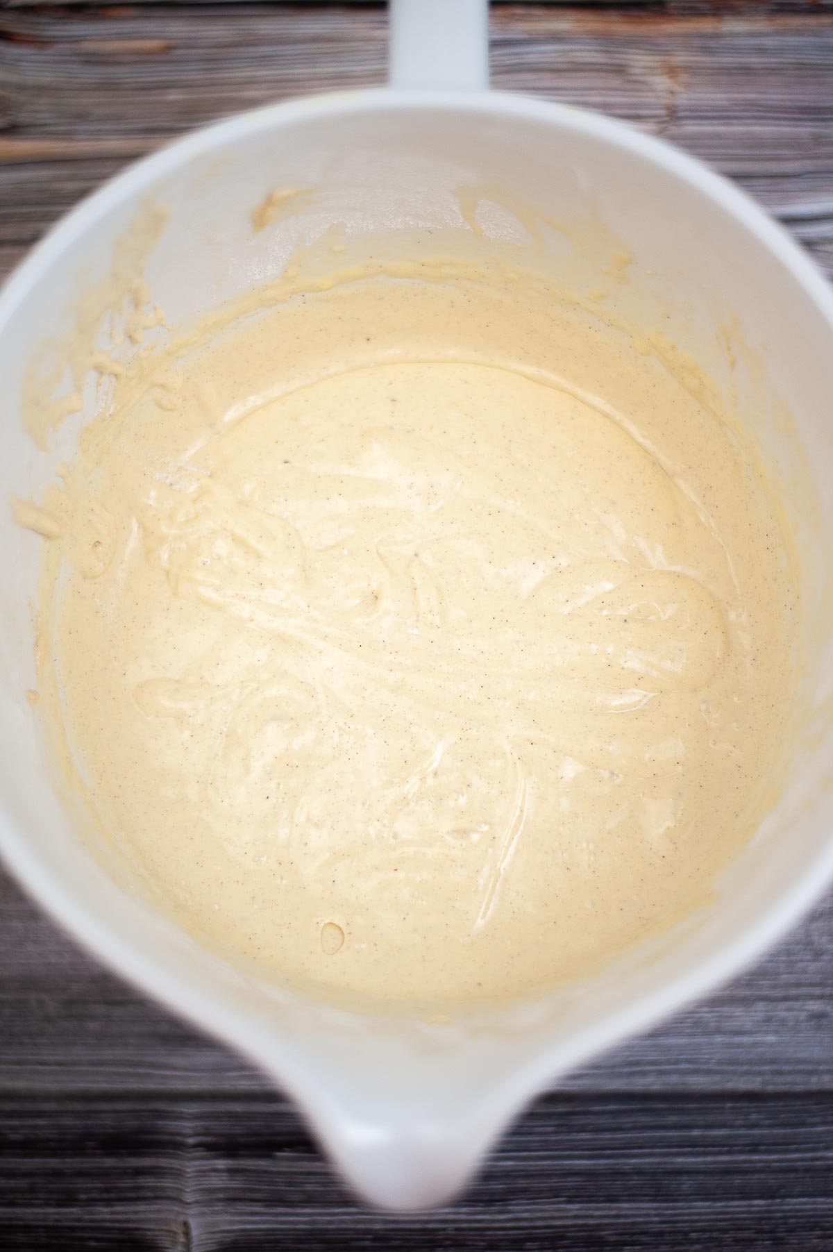 Eggnog pancake batter in a bowl.