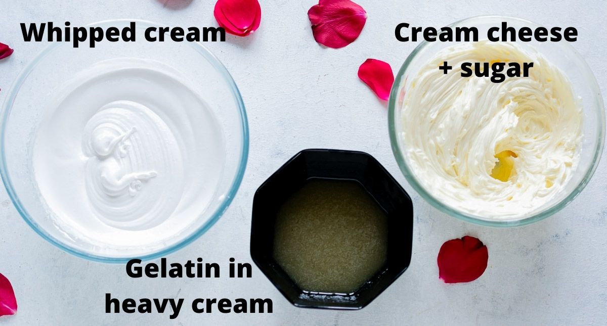 3 bowls for cheesecake ingredients: whipped cream, gelatin in cream, and beaten cream cheese