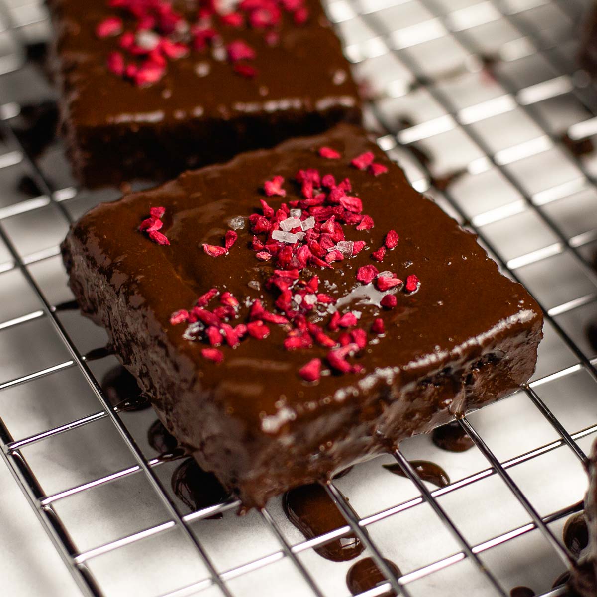 chocolate-dipped raspberry brownies with sea salt.