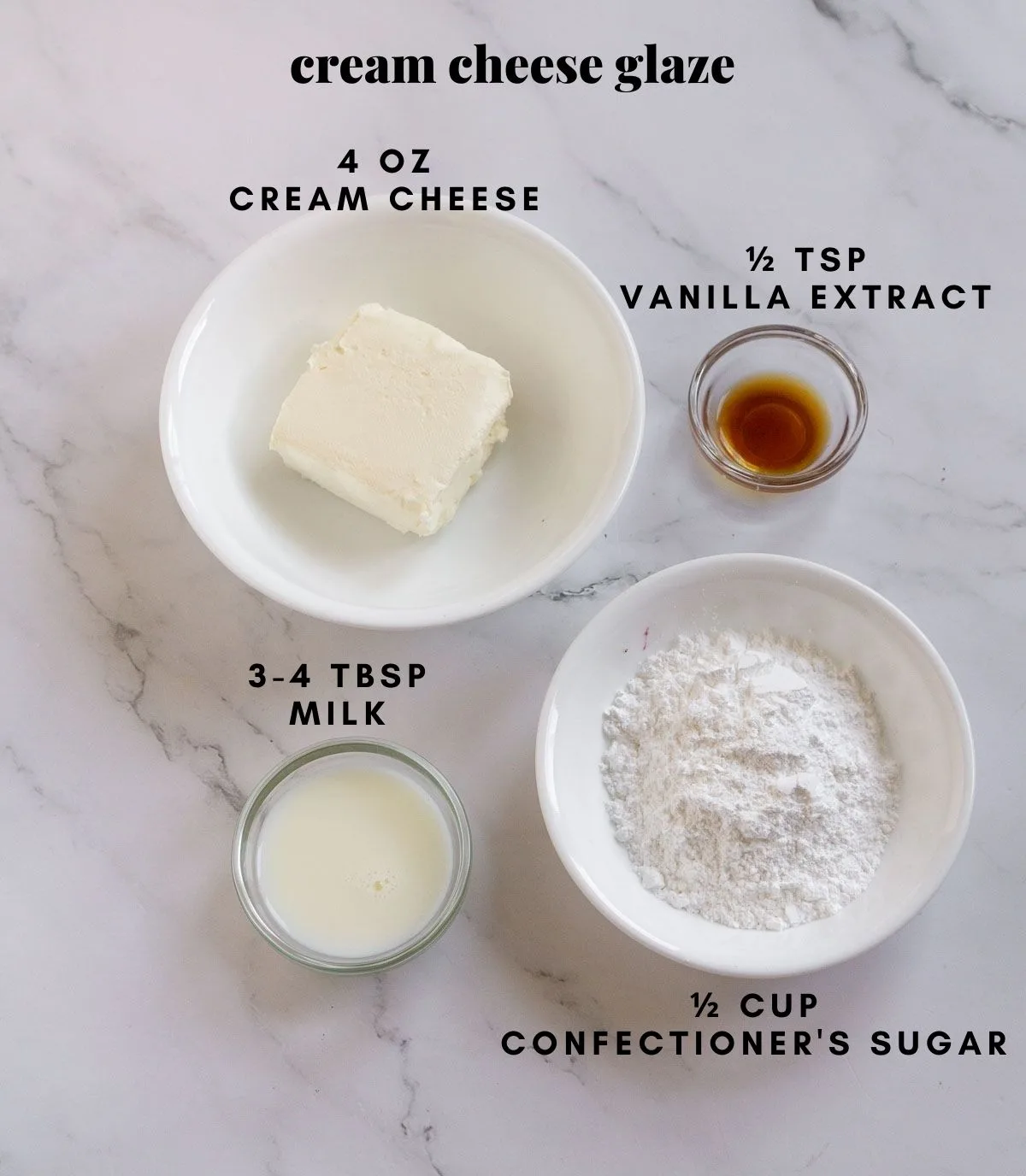 Ingredients to make cream cheese glaze for pancakes.