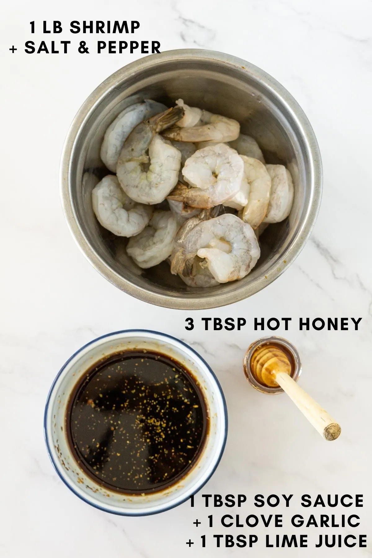 Ingredients to make spicy honey shrimp.