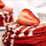 Pinterest image with text: Red velvet pancakes with cream cheese glaze