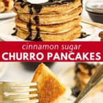 Pinterest image with text: Cinnamon sugar churro pancakes