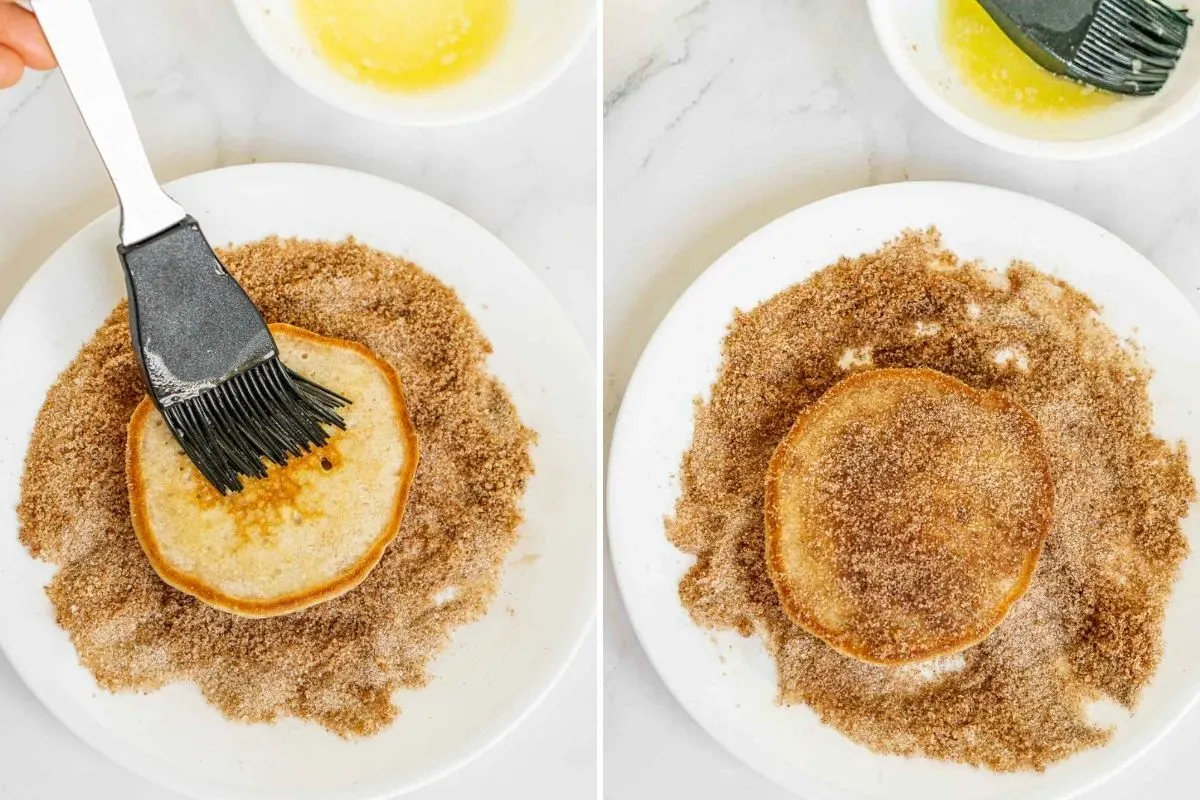 Collage of 2 pictures showing how to coat pancake in cinnamon sugar by brushing with melted butter first