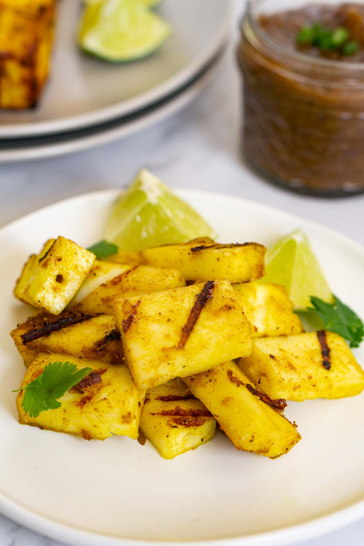 Pieces of grilled paneer on a plate