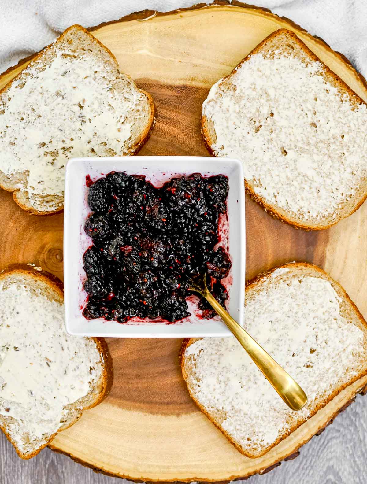 Mashed blackberries in a bowl
