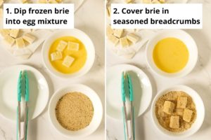 Dipping frozen brie into egg mixture, then in seasoned breadcrumbs